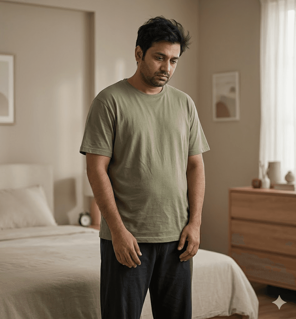 Patient transformation before photo — man standing in bedroom