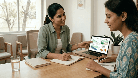 A dietitian reviewing progress charts and biomarker data with a client