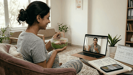 A client receiving ongoing remote support from a nutrition expert via video call
