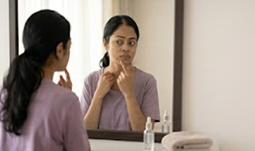 Illustration representing skin struggles and mirror anxiety before the protocol