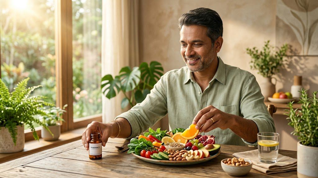 Man enjoying a fresh healthy meal at a sunlit table
